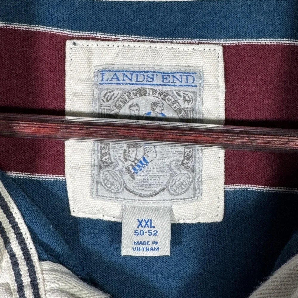 Lands' End Rugby Polo‎ Shirt Mens 2XL Maroon Blue Stripe Long Sleeve Cotton